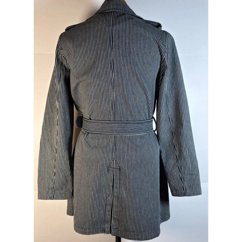 LAUREN Ralph Lauren blue striped denim double-breasted trench coat Small Spring